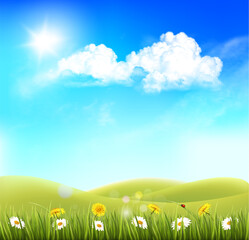 Poster - Summer nature background with landscape and blue sky with clouds. Vector