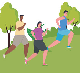 Poster - people marathoners running in the park, men and woman, run competition or marathon race poster, healthy lifestyle and sport vector illustration design