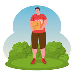 man volunteer in grass holding donation box, charity and social care donation concept vector illustration design