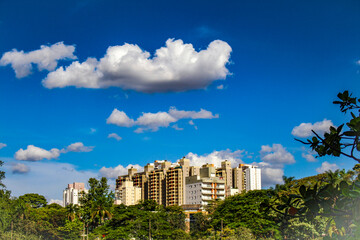 Panorama do Parque Portugal com árvores, edifícios e nuvens no fundo em Campinas - SP