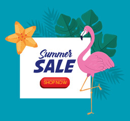 Canvas Print - summer sale banner, season discount poster with flemish, tropical leaves and flower, invitation for shopping with summer sale shop now label, special offer card vector illustration design