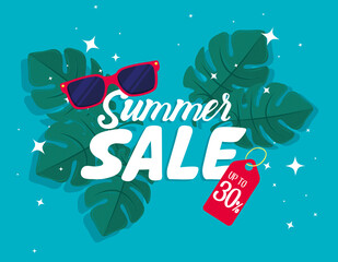 Canvas Print - summer sale banner, season discount poster with sunglasses, leaves, invitation for shopping with summer sale up to thirty percent, special offer card vector illustration design