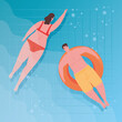 © Gstudio - couple using swimsuit, woman swimming and man sunbathing on inflatable, in the pool, summer vacation season vector illustration design
