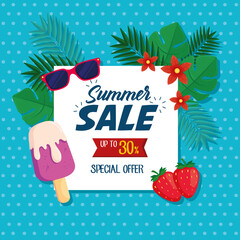 Canvas Print - summer sale banner, discount poster with sunglasses, ice cream, strawberries, tropical leaves, flower, invitation for shopping with summer sale up to thirty percent vector illustration