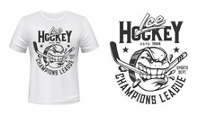 Ice Hockey Puck And Broken Stick T-shirt Print Vector Template. Puck Mascot With Angry Face Biting, Breaking A Stick With Teeth, Lettering Illustration. Ice Hockey Club Apparel Custom Design Mockup