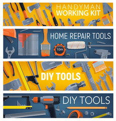 Wall Mural - Construction and DIY tools, vector banners. Painting roller brush, adjustable wrench and pliers, trowel and file, tile cutter, hammer and sledgehammer, spanner and measuring tape. DIY tools