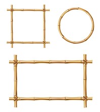 Bamboo Frames, Isolated Vector Borders Made Of Wooden Brown Bamboo Sticks Tied With Ropes Of Square, Rectangular And Round Shapes. Japanese Style Realistic 3d Empty Frames For Banners Or Photos