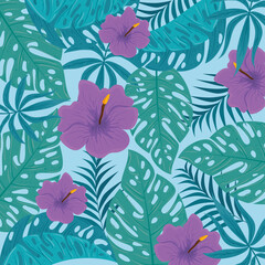 Wall Mural - tropical background, flowers purple color and tropical plants, decoration with flowers and tropical leaves vector illustration design