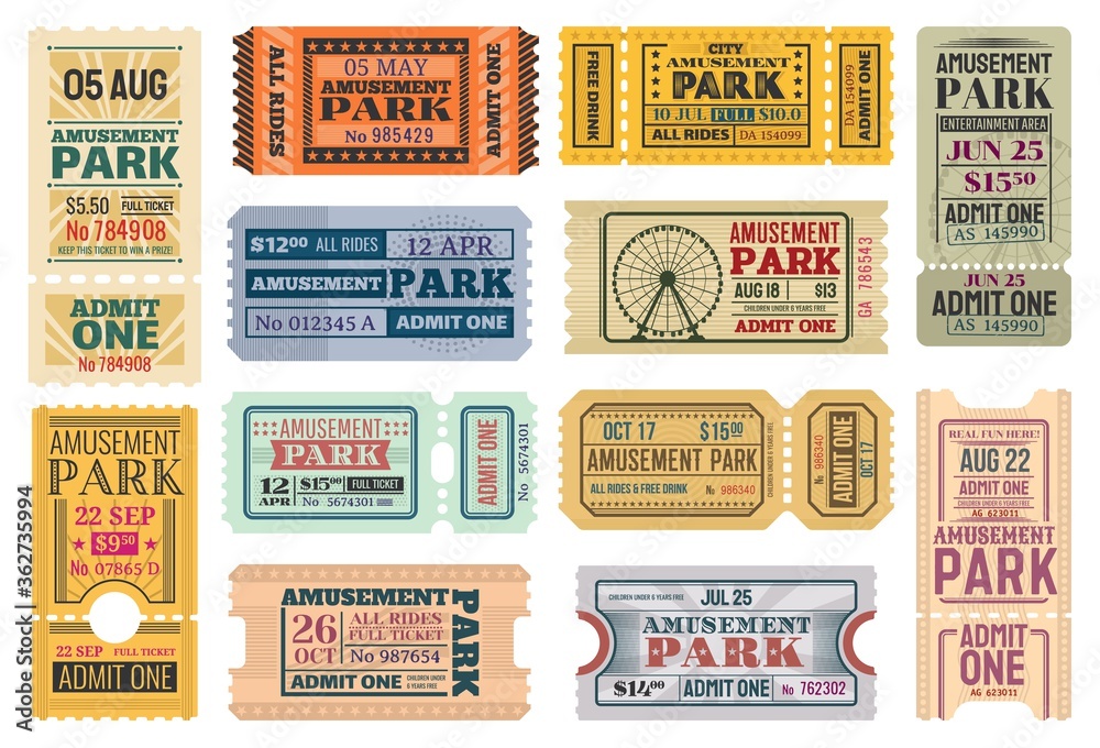 Tickets to amusement park, funfair carnival vector vintage admit coupons. Fun fair amusement park rides tickets to Ferris wheel and roller coaster, kids and family theme park carousel attractions - obrazy, fototapety, plakaty 