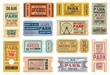 Tickets to amusement park, funfair carnival vector vintage admit coupons. Fun fair amusement park rides tickets to Ferris wheel and roller coaster, kids and family theme park carousel attractions