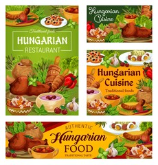 Sticker - Hungary cuisine vector braised cabbage with pepper, cherry soup and sweet cookies with dried fruits. Soup in bread, sausages with chilli sauce and salad with egg, vegetable stew, Hungarian food dishes