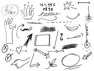 Poster - Vector hand drawn collection of curly arrow. swishes, swoops, swirl, heart, scribble, crown, leaf, star, hands, highlight text and emphasis element, on white background, use for concept design
