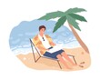 © Good Studio - Joyful freelancer male working remotely on beach use laptop vector flat illustration. Smiling man on chaise-longue chatting or surfing internet isolated. Cheerful modern guy relaxing enjoy vacation