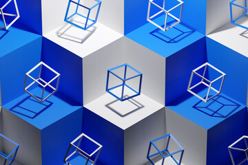 Poster -  3D illustration volumetric white and blue cube on a geometric monophonic background. Parallelogram pattern. Technology geometry neon background