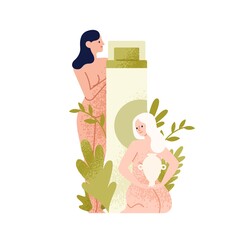 Wall Mural - Two naked woman with giant bottle of cream vector flat illustration. Concept of natural organic cosmetics. Tiny female and eco friendly tube for skin care isolated on white. Girls with green plants