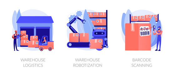 Poster - Manufacture management and modern technology implementation metaphors. Warehouse logistics, product storage robotization, barcode scanning abstract concept vector illustration set.