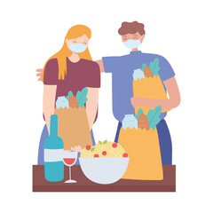 Canvas Print - covid 19 coronavirus social distancing prevention, couple with face mask holding grocery bags keeping distance