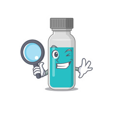 Poster - cartoon mascot design of medical test bottle super Detective breaking the case using tools