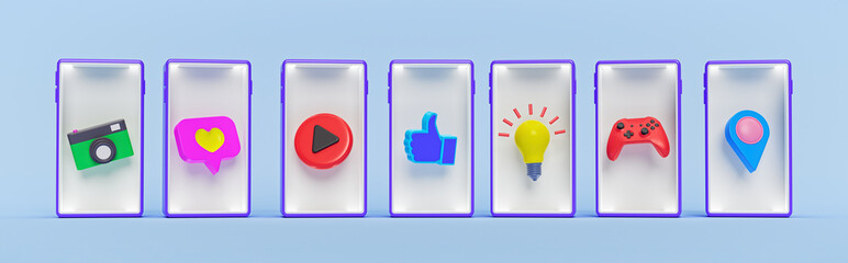 Aufkleber - smartphone apps minimal icons, symbol. horizontal banner for advertising. 3d rendering
