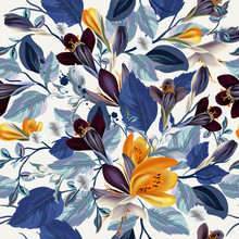 Elegant Vintage Vector Seamless Floral Pattern With Crocus Flowers And Blue Leaves