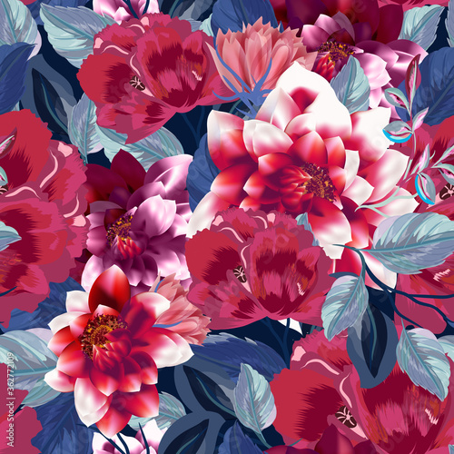 Cuadros en Lienzo Beautiful vector illustration with poppy flowers, herbs, blue leaves and dahlias