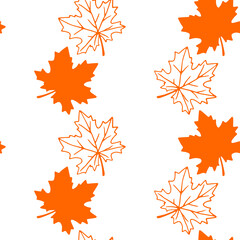 Wall Mural - Seamless pattern of orange contoured silhouette maple leaves isolated on a white background. Simple vector texture for fabric, invitations, home textiles. Concept of autumn, forest, leaf fall