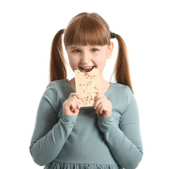 Poster - Cute funny girl with chocolate on white background