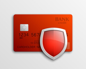 Protection shield Credit card. Safety badge banking icon. Defense safeguard finans icon. Security Plastic card software. Debit card guard electromagnetic chip. Privacy Electronic money funds transfer.