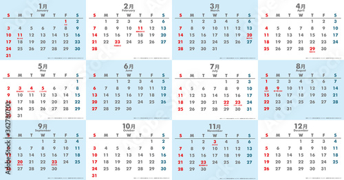 令和3年21年カレンダー素材イラストデータ 月別1年間 ベクターデータ Japanese Calendar Stock Vector Adobe Stock