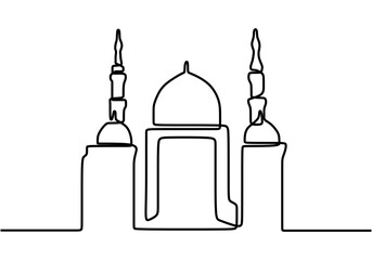 Canvas Print - Single continuous line drawing of masjid, masjid dome and masjid tower ornament. Eid Al Fitr Mubarak and Ramadan Kareem greeting card concept one line draw design vector illustration