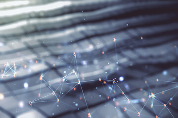 Poster - Abstract virtual wireless technology hologram on blurry abstract metal background. Big data and database concept. Multiexposure