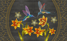 3d Illustration, Dark Wooden Background With Vintage Golden Frame, Drawn Hummingbirds And Bright Yellow Irises.