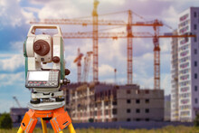 Electronic Total Station. Concept - Cadastral Equipment. Use Of A Tachyometer During Construction. Geodetic Equipment. Total Station On The Construction Site. High-rise Building Construction.