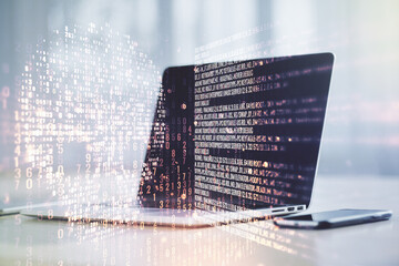 Poster - Double exposure of creative code skull hologram on laptop background. Malware and cyber crime concept