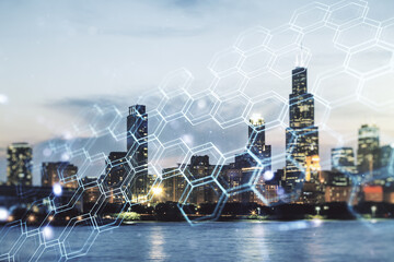 Poster - Abstract virtual wireless technology hologram with hexagon on Chicago skyline background. Big data and database concept. Multiexposure