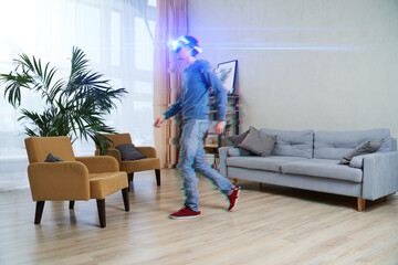 Wall Mural - man is using virtual reality headset. image with glitch effect.