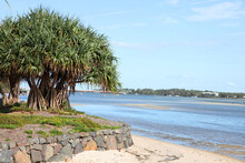 Beautiful Ocean Beach On Bribie Island, Queensland, Australia.  Paradise With Clean White Sand And Blue Skys