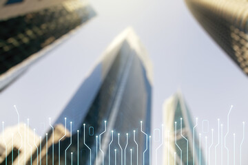 Poster - Abstract virtual micro circuit sketch on blurry cityscape background, future technology and AI concept. Double exposure