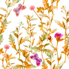 Wall Mural - Autumn meadow, prairie. Floral sprigs, flowers. Vintage seamless spacial pattern. Watercolor