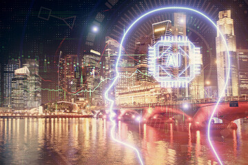 Brain hologram drawing on city scape background Double exposure. Brainstorming concept.