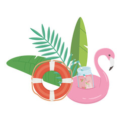 Sticker - summer travel and vacation float flamingo lifebuoy juice and tropical leaves