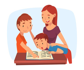 Sticker - Mother Teaching Her Sons, Parent Helping Sons with Homework and Explaining Lesson in Textbook, Homeschooling Cartoon Vector Illustration