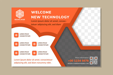 Wall Mural - welcome new technology as headline of horizontal flyer design template use horizontal layout and hexagon space for photo. color used are orange, white and black. 