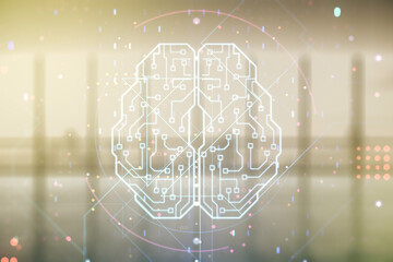 Virtual creative artificial Intelligence hologram with human brain sketch on modern interior background. Double exposure