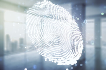 Poster - Abstract virtual fingerprint hologram on empty corporate office background. Multiexposure