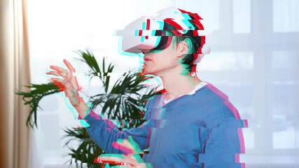 Wall Mural - man is using virtual reality headset. image with glitch effect.