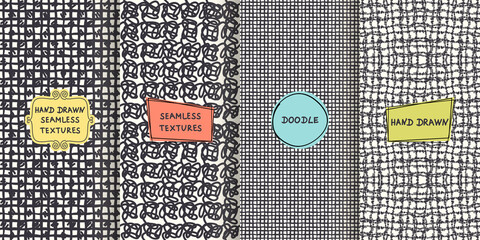 Fototapete - Set of seamless hand drawn texture designs for backgrounds, business cards, web design. Doodle pattern with trendy modern colorful labels. vector illustration

