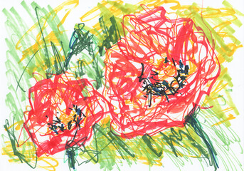 A sketch of red poppies is drawn using colored markers