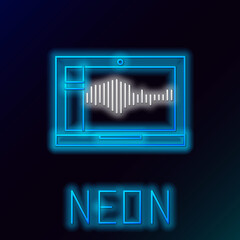 Poster - Glowing neon line Sound or audio recorder or editor software on laptop icon isolated on black background. Colorful outline concept. Vector.