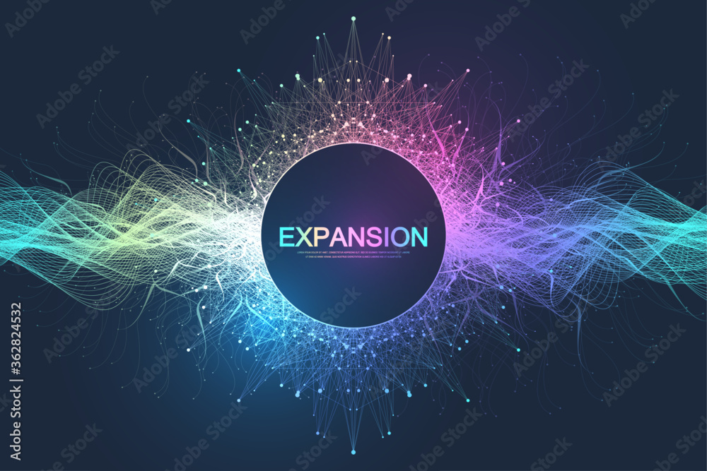 Colorful explosion background with connected line and dots, wave flow. Visualization expansion of life. Abstract graphic background explosion, motion burst. Expansion of life vector illustration. - obrazy, fototapety, plakaty 